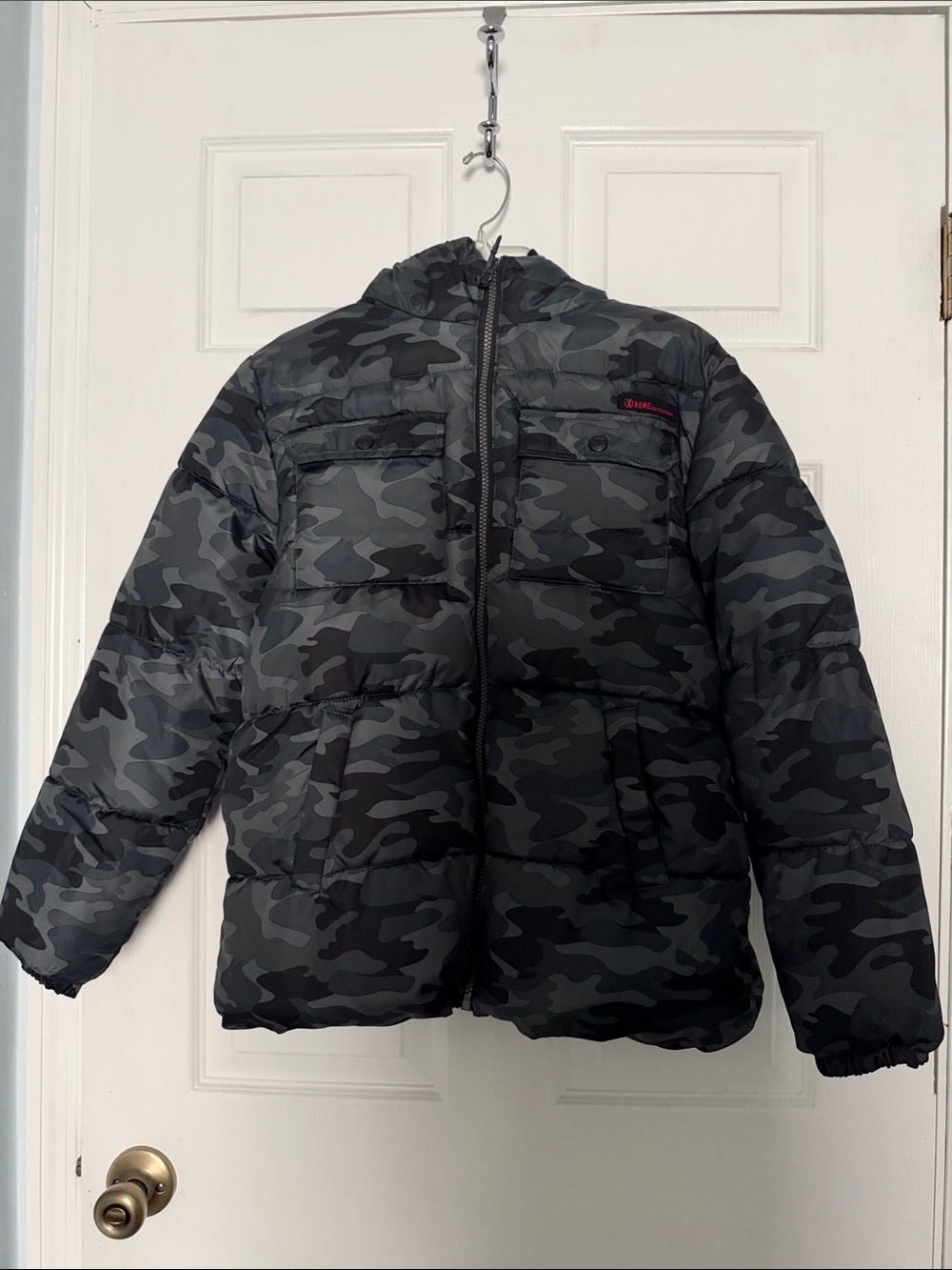 Boys' Black & Gray Camo Puffer Jacket with Hood